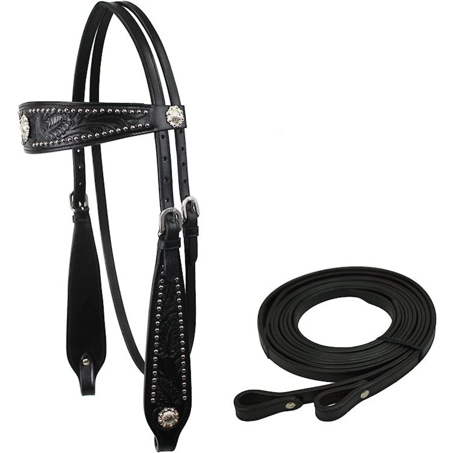 Tahoe Tack Midnight Black Horse Browband Headstall & Split Reins, Full 1 Tahoe Tack Midnight Black Horse Browband Headstall & Split Reins, Full