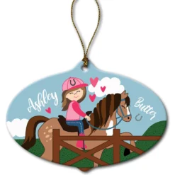 Custom Personalization Solutions Brunette Girl Riding Her Horse Personalized Christmas Tree Ornament