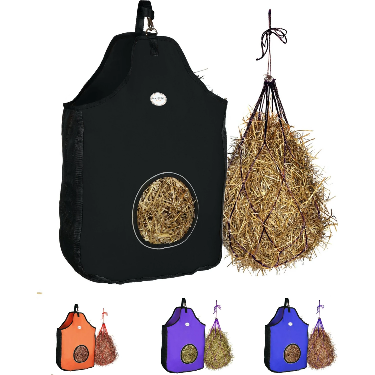 Majestic Ally Nylon Reflective Hole Hay Bag With Mesh Ventilation Gusset With 36-in Hay Net Horse Supplies 1 Majestic Ally Nylon Reflective Hole Hay Bag With Mesh Ventilation Gusset With 36-in Hay Net Horse Supplies